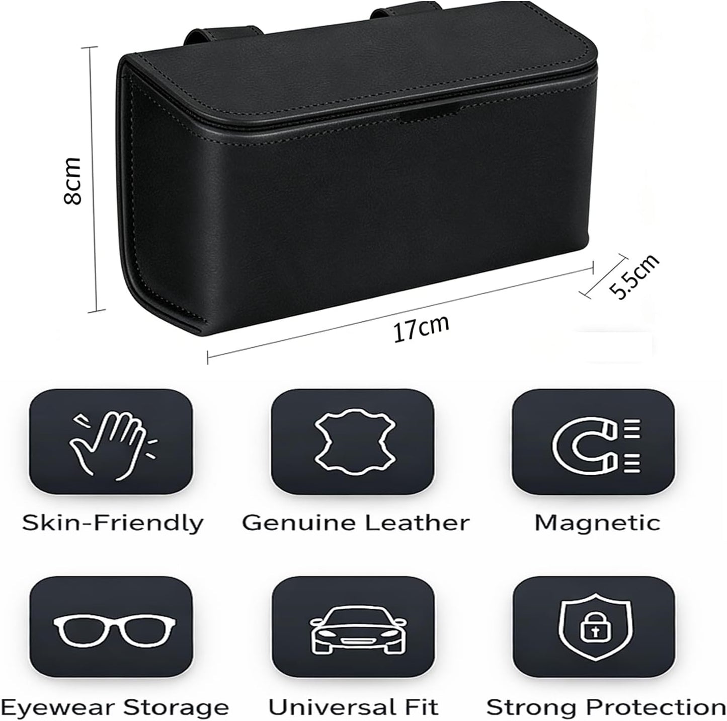 Universal Car Sunglasses Holder for Sun Visor, Premium Magnetic Leather Eyeglass Hanger Clip & Visor Organizer, Large Capacity Car Interior Accessories Fit for Women Men Black
