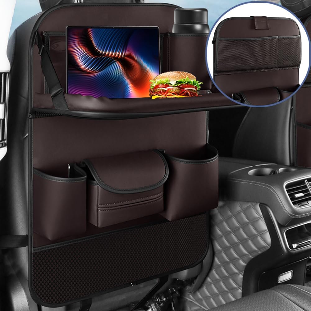 2PCS Car Backseat Organizer Seat Back Protectors Kick Mats with Foldable Table Tray, PU Leather Car Storage Organizer with Tablet Holder, Car Tissue Holder Kids Toys Storage Travel Accessories (Brown)
