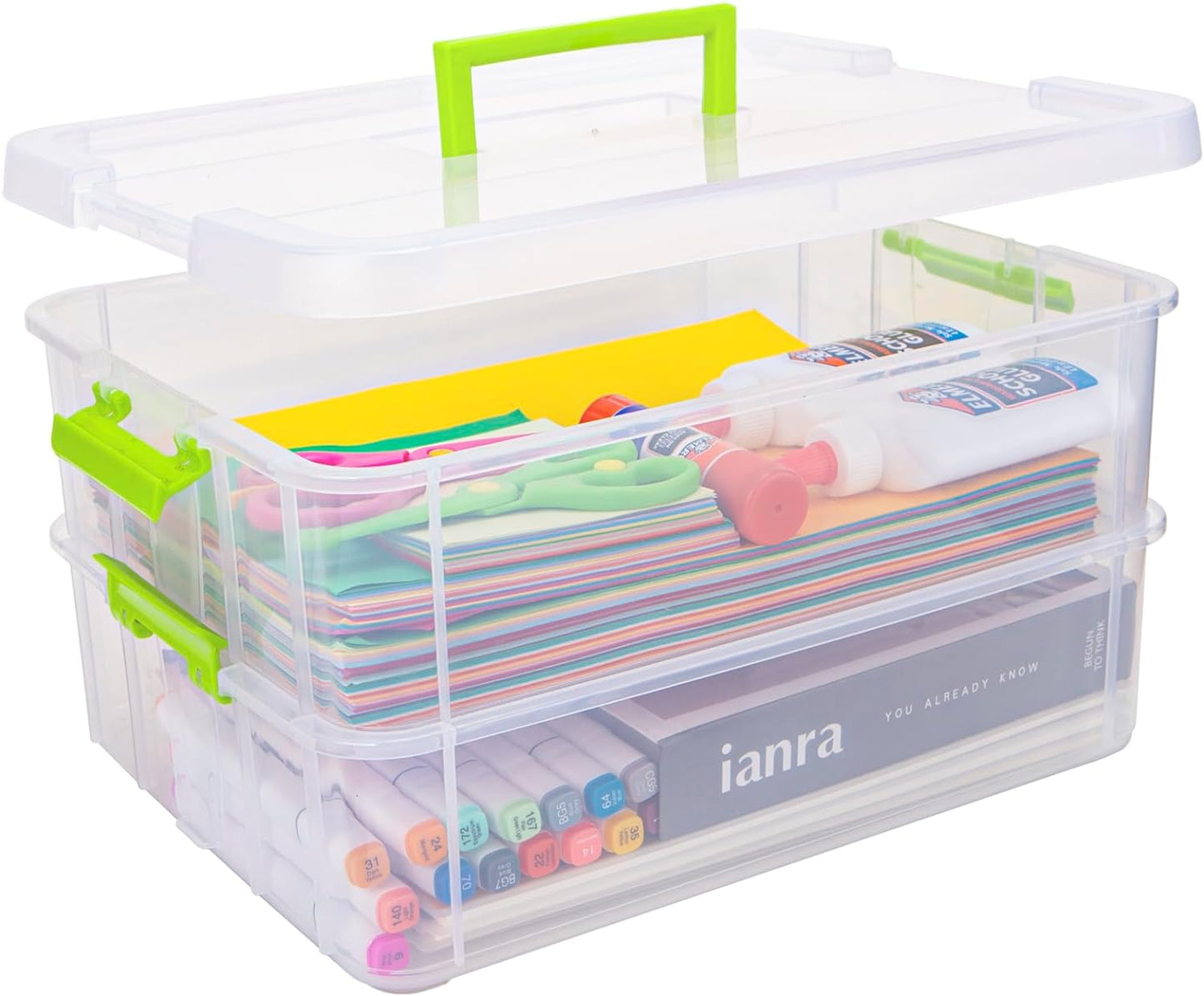 TERGOO 2 Layer Plastic Storage Containers with Lids, Multipurpose Clear Stack & Carry Box, Portable Craft Organizers and Storage Bin for Organizing Art & Craft, Sewing, Makeup, Nail Supplies (Green)