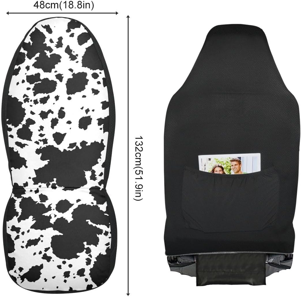 Cow Print Car Seat Covers Set of 2,Rustic Spotted Milk Cow Fur Texture Black Cowhide Universal Auto Front Seat Protector for Women Cute Animal Skin Pattern Car Accessories Fit for Car Truck