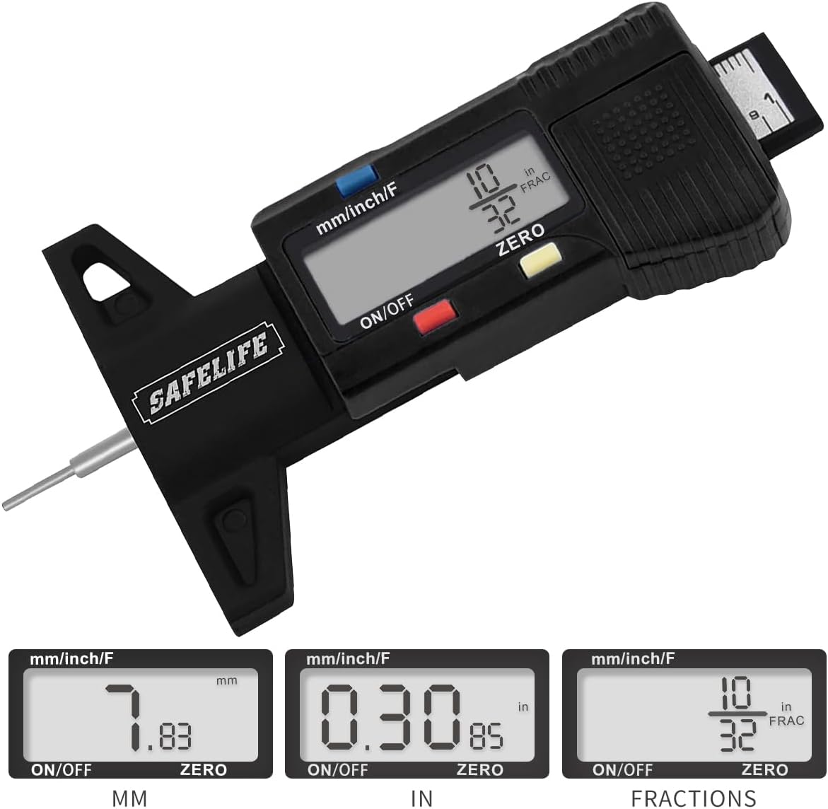 SAFELIFE Digital Tire Tread Depth Gauge, 3 Modes-Fractional Inch, Decimal Inch and Millimeter, Zeroable Tire Tread Depth Gauge for Motorcycles,Cars,Trucks Accurate Tyre Tread Depth Gauge-Black