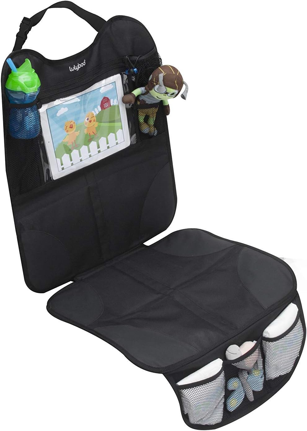Lulyboo Car Seat Protector & Organizer for Baby & Toddler - Back Seat Storage, Kick Mat with Tablet Holder, Toys & Essentials, Fits All Vehicles, Durable Nylon, Black