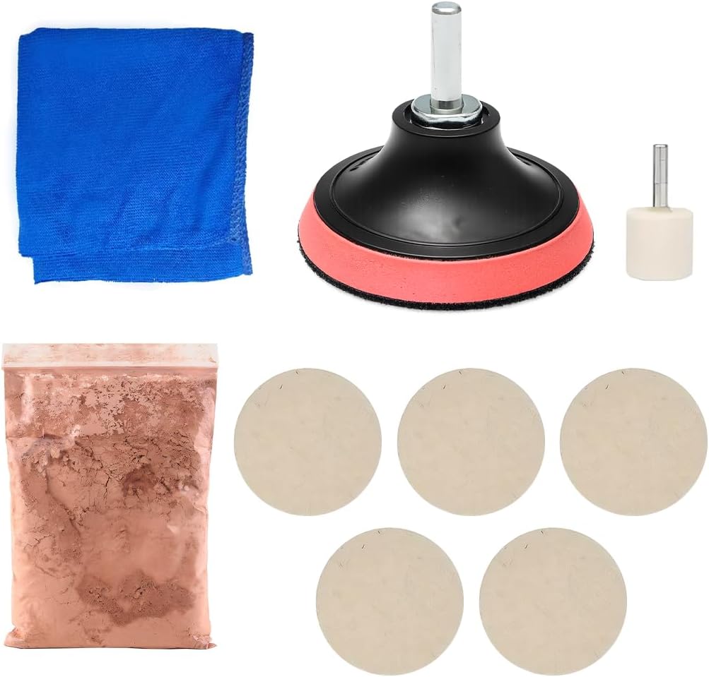 9PCS Car Glass Polishing Kit, Windshield Scratch Removal Set for Removing Wiper Blade Damage Scuffs, Wheel Scratch Felt Pad Repair Kit with 100g Cerium Oxide Powder, Universal Fit