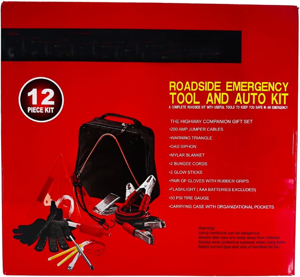 12-Piece Roadside Emergency Tool and Auto Kit with Jumper Cables, Warning Triangle, Gas Siphon, Mylar Blanket, Bungee Cords, Glow Sticks, Gloves, Flashlight, Tire Gauge, Carrying Case
