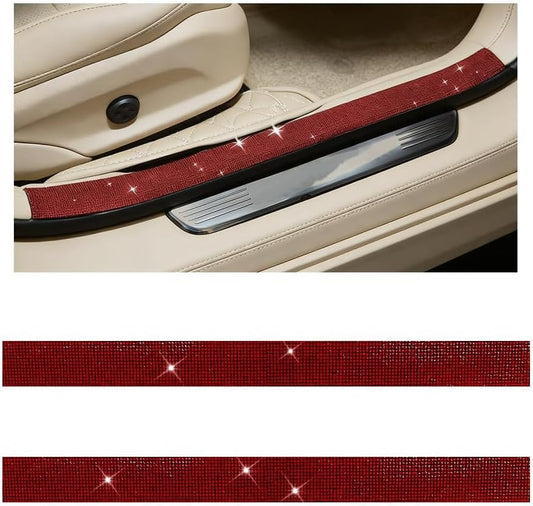 2PCS Bling Car Door Sill Protector, Shiny Crystal Rhinestone Door Edge Entry Guard Cover Strip, Sparkling Anti-Collision Auto Threshold Bumper Scuff Sticker, Universal for Vehicles (Red)