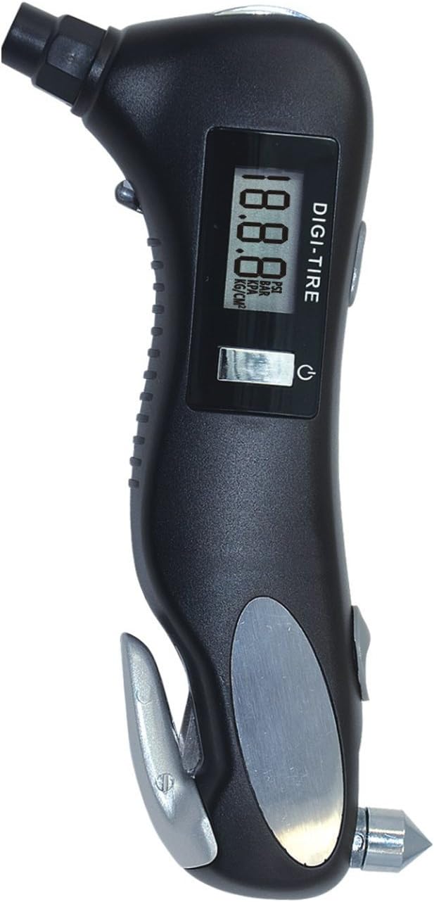 5 in 1 Rescue Emergency Tool for Car, Motorcycle and Other Vehicle - 150 PSI Digital LED Tire Pressure Gauge Monitor, Safety Hammer, Flashlight, Seat-Belt Cutter, Red Safety Light.