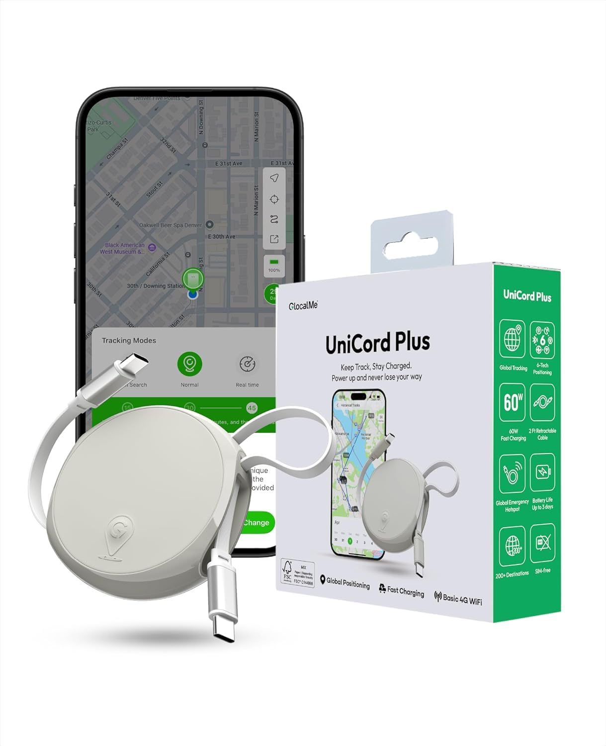 GlocalMe UniCord Plus 3-in-1 Tracker Device for Vehicles, 60W Retractable USB C Fast Charging Cable with Emergency WiFi Hotspot, Real Time Tracking and GeoFence, Unlimited Distance for Car Tracker