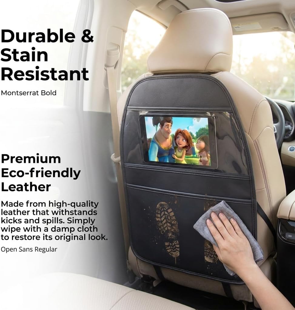 Universal Car Back Seat Protector Kick Mats Fit for Tesla Model 3/Y, Toyota RAV4, Honda CRV, Ford F150, Chevy, SUV & Trucks, Eco-Leather Seat Back Organizer, Waterproof, Black (2 Pack)