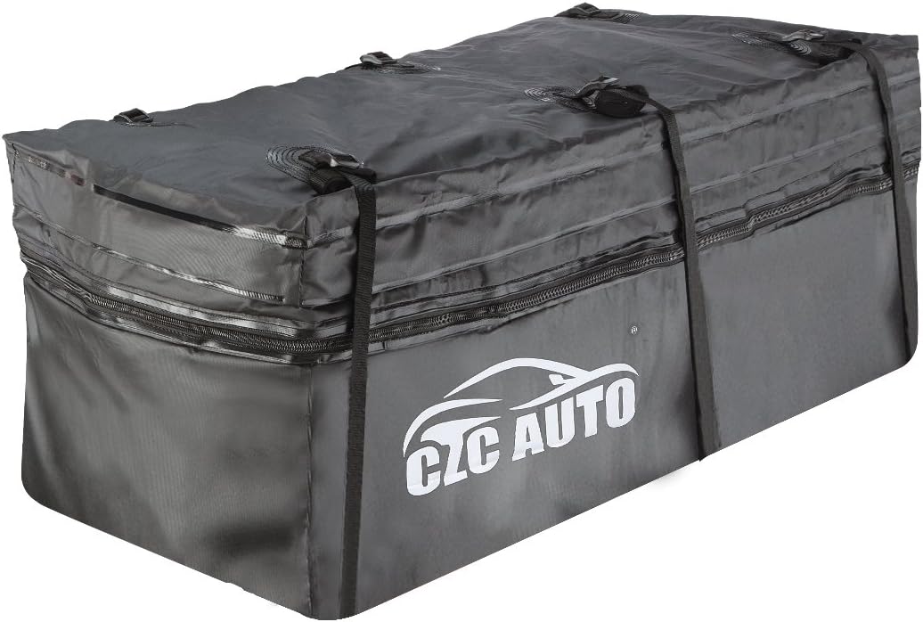 CZC AUTO Expandable Hitch Cargo Carrier Bag 9.5 cu. ft Extends to 11.6 cu. ft, Waterproof/Rainproof/Weatherproof, for Car Truck SUV Vans' Hitch Trays Hitch Baskets, Safe Steady Durable Soft Black