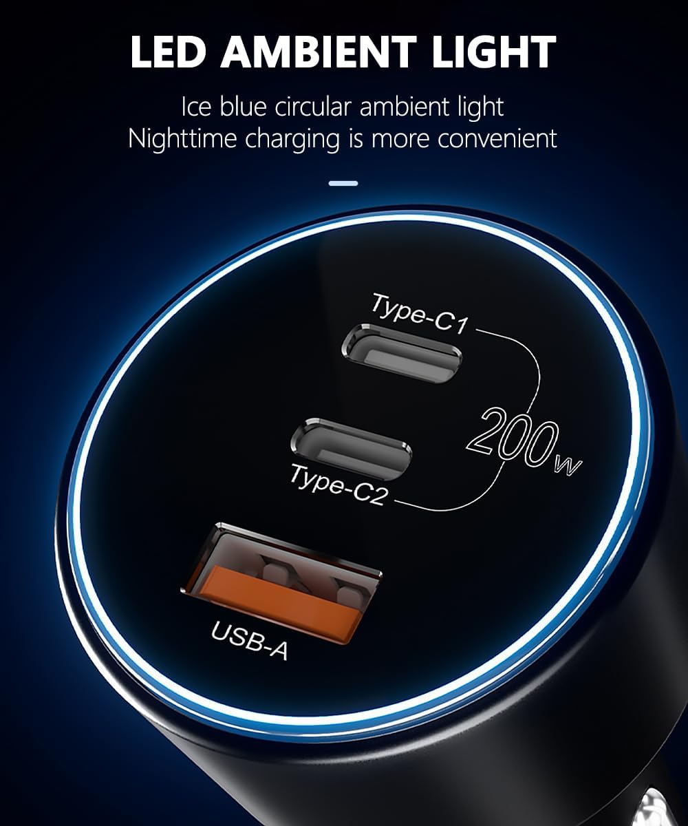 200W USB C Car Charger, 2 Port 100W Type-C Charger with 2 100W USB C Cable