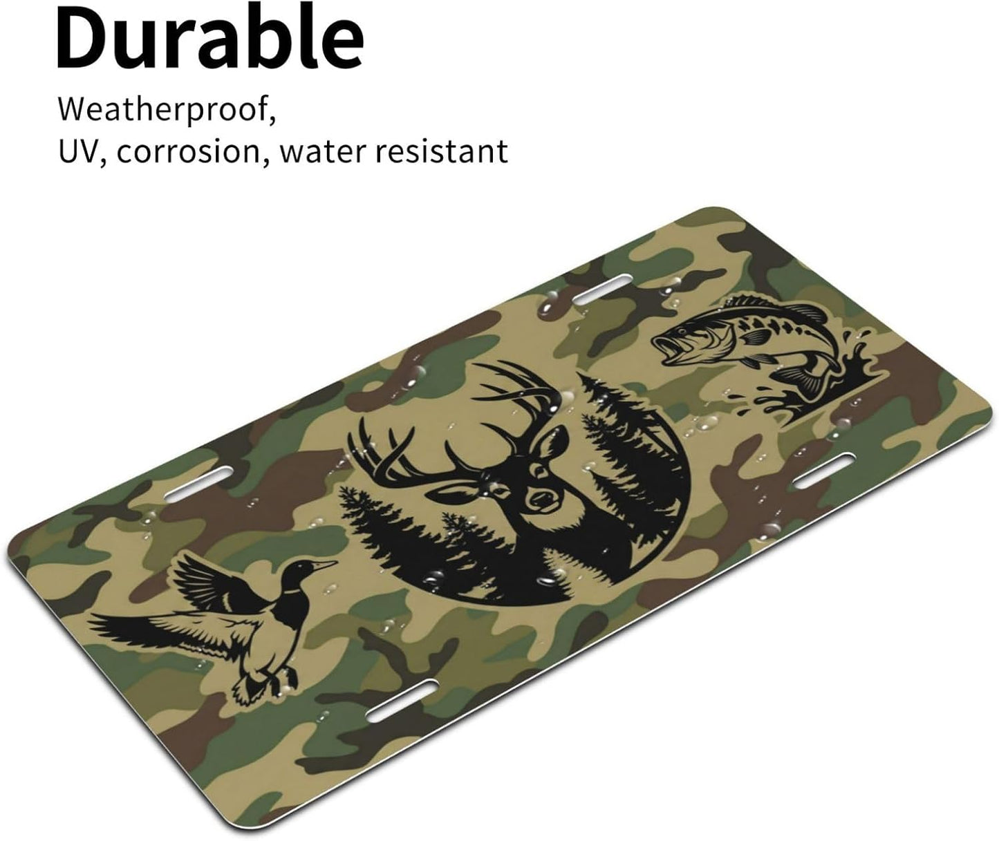 Camo Wildlife Deer Duck Bass Aluminum License Plate 6x12 | Camo Wildlife Decor, Standard 6x12 In, UV Printed Aluminum, 4 Pre-drilled Holes, Outdoor Front Plate, Not for DMV Use.