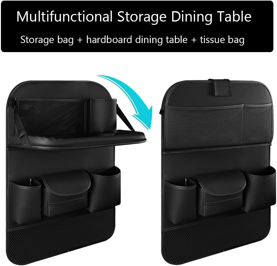 2PCS Car Backseat Organizer Seat Back Protectors Kick Mats with Foldable Table Tray, PU Leather Car Storage Organizer with Tablet Holder, Car Tissue Holder Kids Toys Storage Travel Accessories (Black)