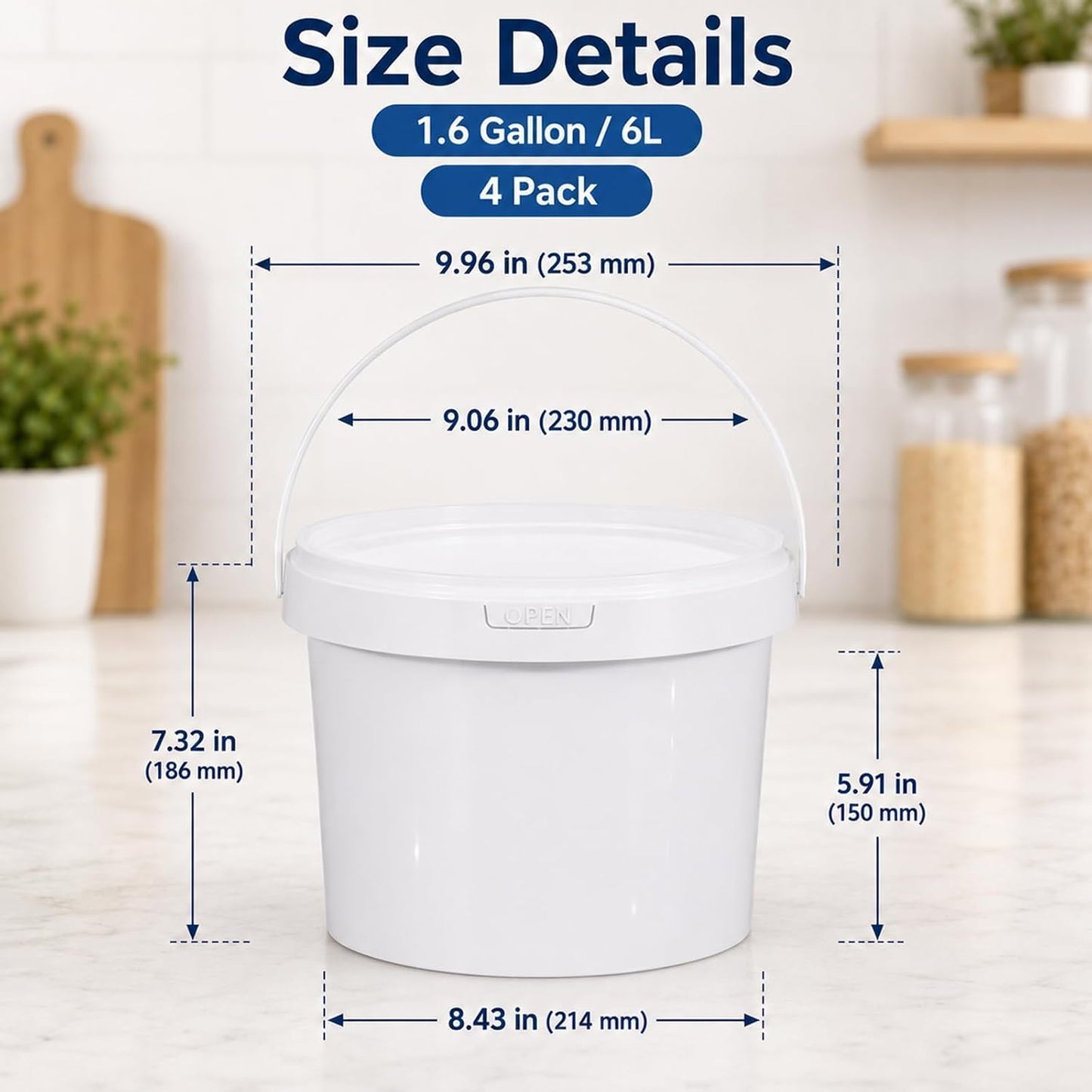 DEMORA 4 Pack 1.6 Gallon Food Grade Storage Buckets with Lids, White | BPA-Free & Stackable, Leakproof Freezer Safe; For Deli, Ice Cream, Meal Prep, Cleaning, Car Wash & Fishing