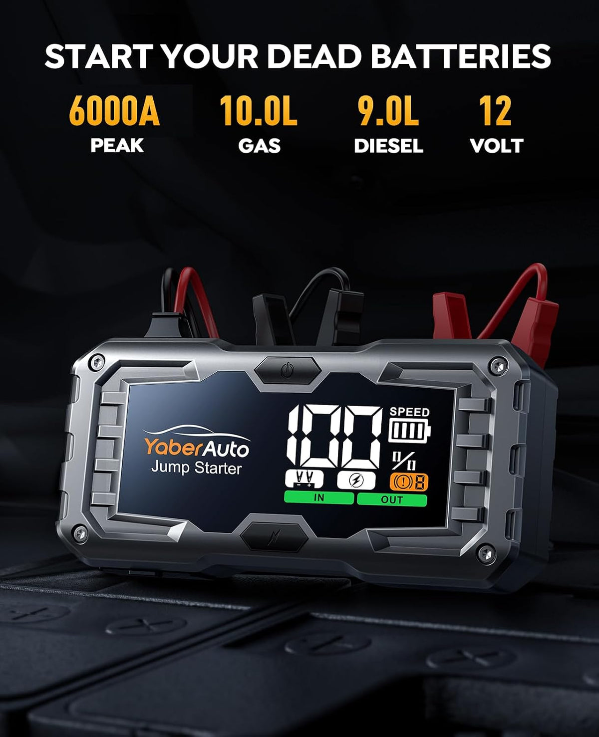 YaberAuto Car Battery Jump Starter 6000A Jump Box (10.0L Gas/9.0L Diesel) Portable Car Jump Starter Pack, 12V Battery Jumper Starter Portable, Fast Charge, 160W DC, 4-Mode Lights