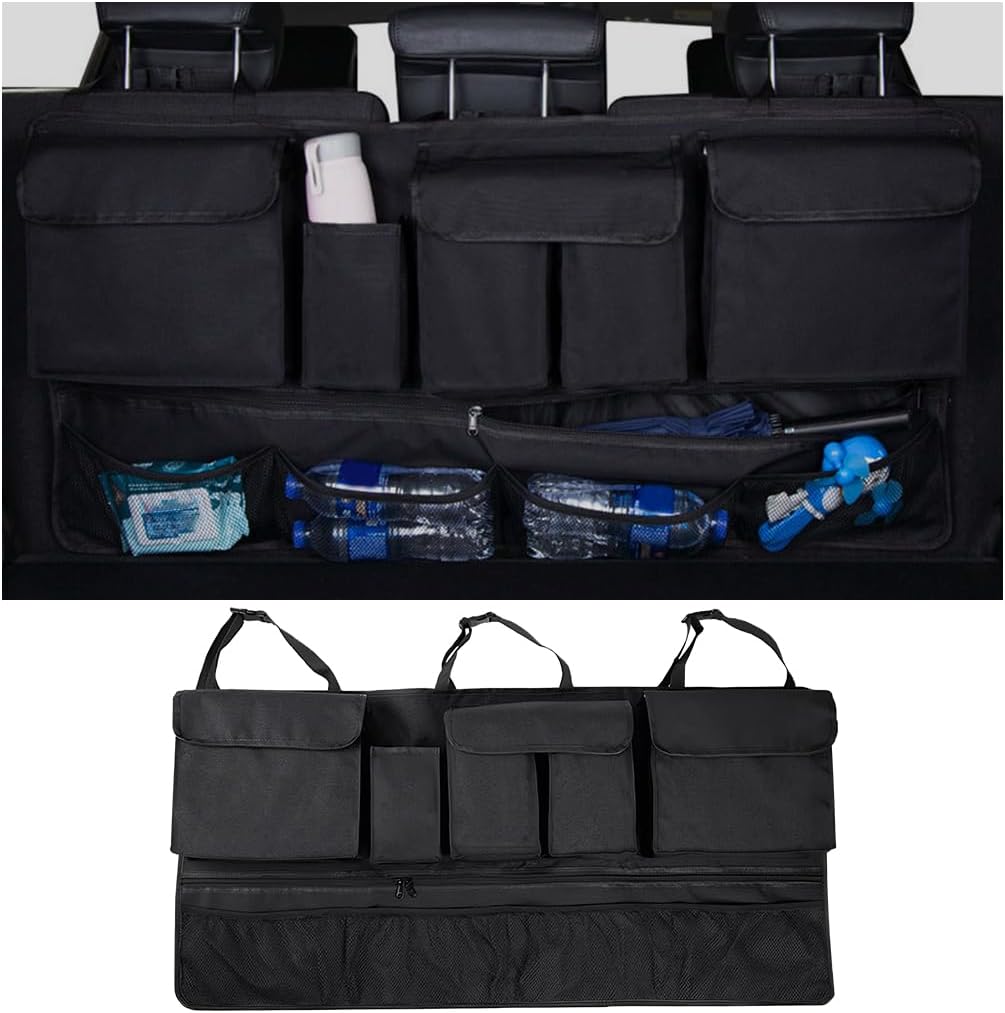 Mandark Car Trunk Organizer, Detachable Vehicle Seatback Hanging Storage Container with Zippers, Large Capacity Waterproof Auto Seat Back Trunk Bag Accessories, Universal for Most Vehicles (Black)
