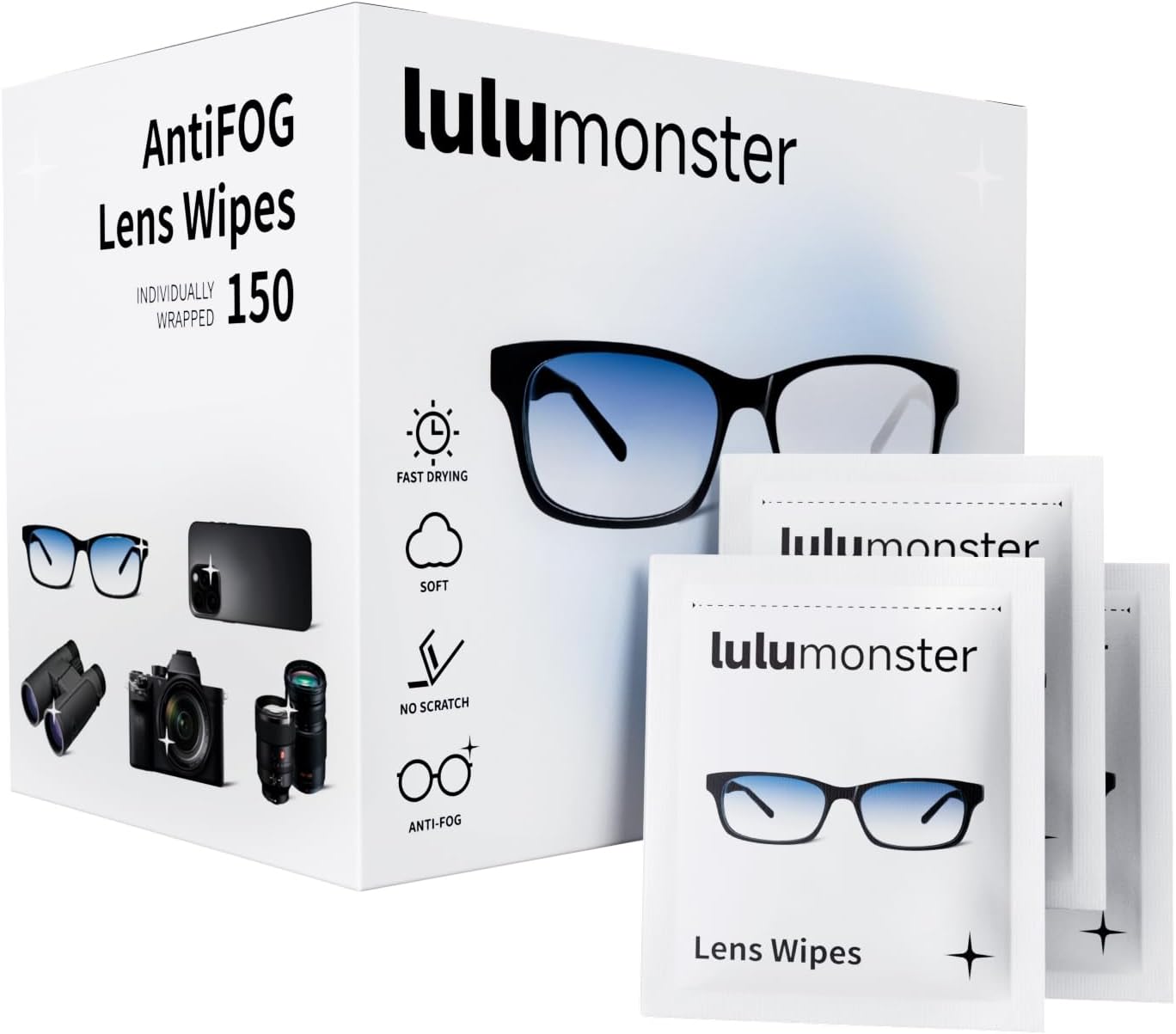 Anti Fog Lens Wipes for Eyeglasses, 150 Individually Wrapped Pre-Moistened Glasses Cleaning Wipes, Streak-Free Lens Cleaner for Glasses, Sunglasses, Phone Screen, Camera Lens & Goggles