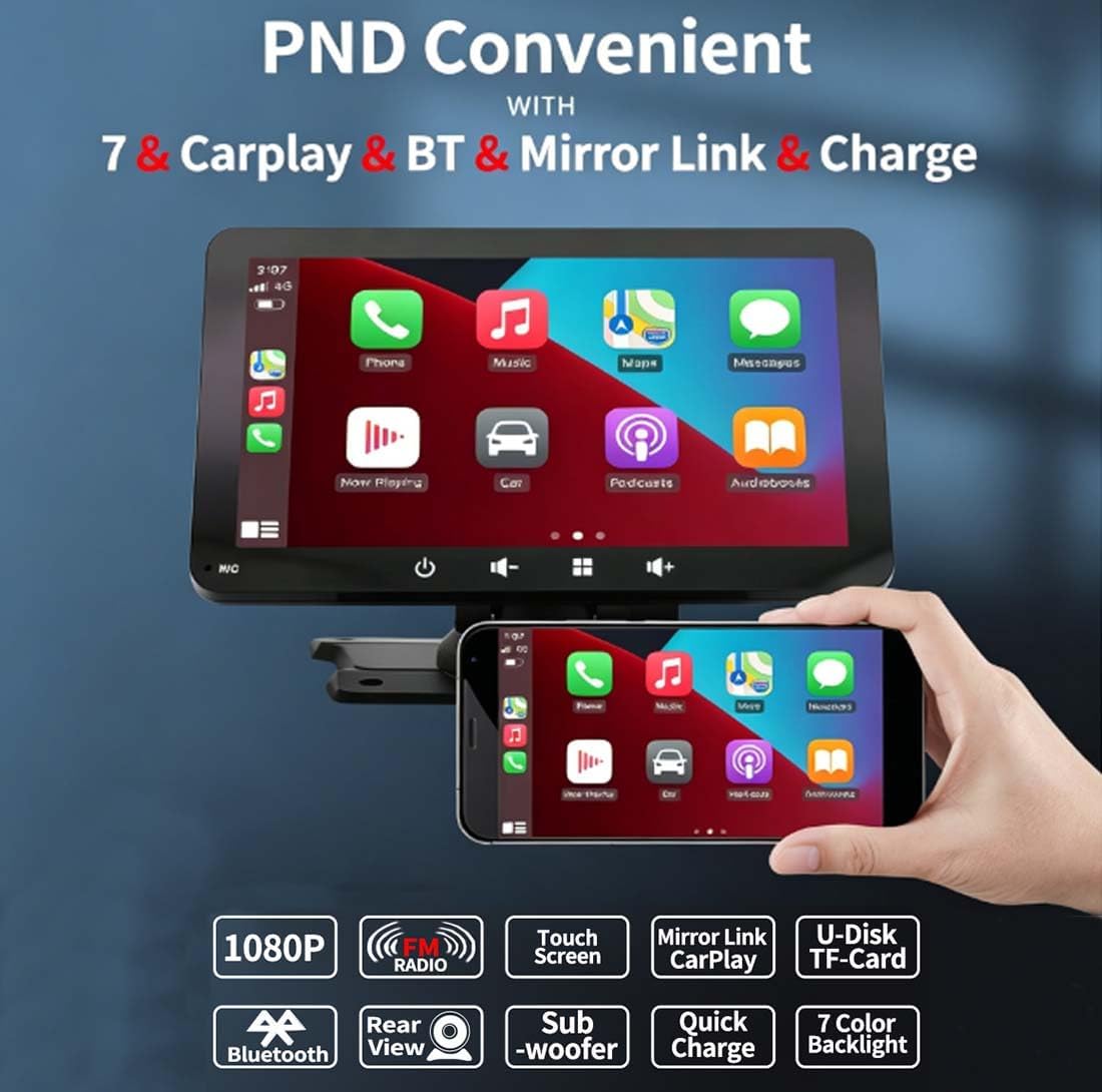 7-inch Wireless CarPlay Screen – Supports Apple CarPlay/Android Auto in-car Touchscreen with Bluetooth Hands-Free AUX FM Transmitter USB and TF Card Slots Plug-and-Play for saloons Lorries and SUVs