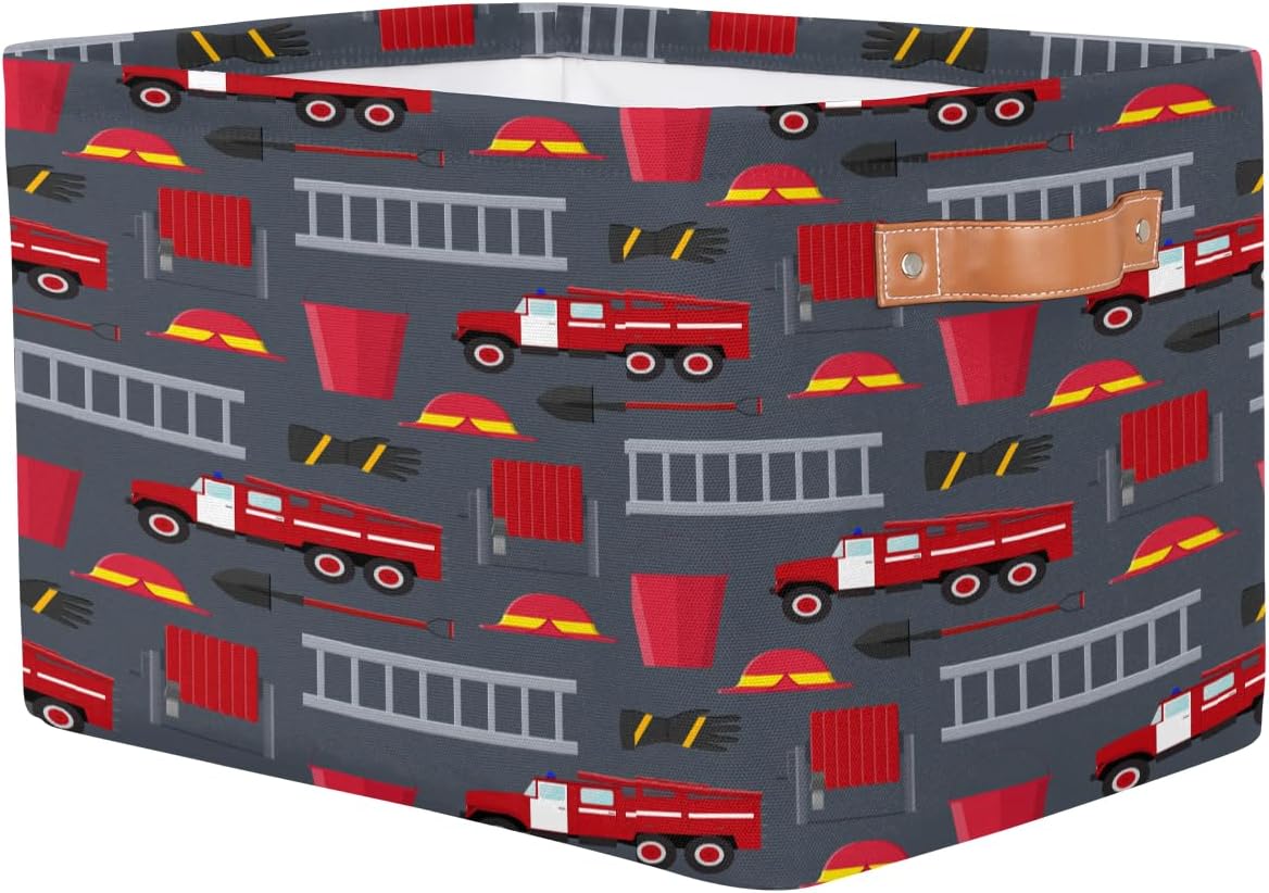 Fire Trucks Large Rectangle Storage Basket Fire Car Storage Bin Collapsible Canvas With Handles For Toy Blanket Clothes Towel Living Room Nursery Storage Organizer