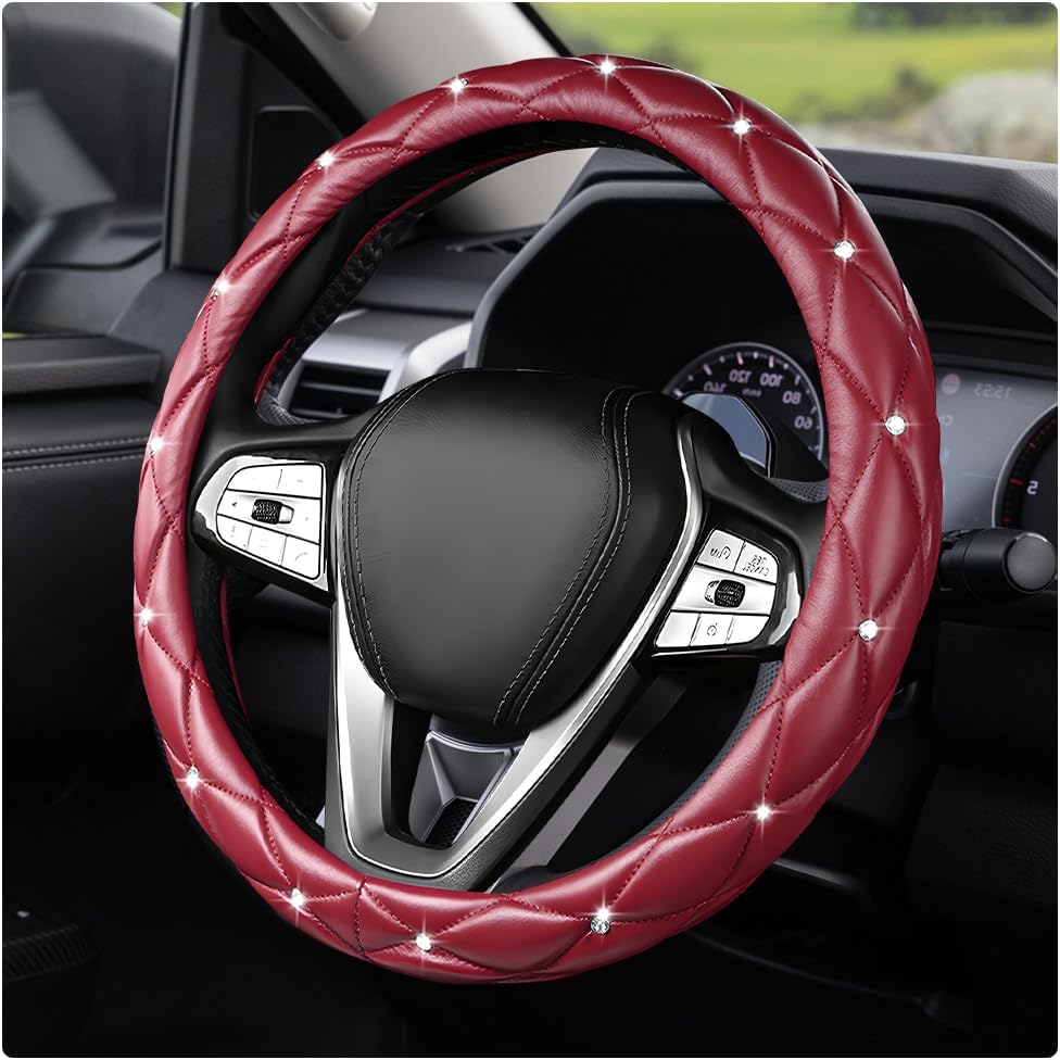 Bling Car Steering Wheel Cover, 15 Inch Diamond Leather Anti-Slip Auto Steering Wheel Protector, Cute Sparkly Rhinestones Wheels Cover Automotive Decoration for Women Girl (Pink)