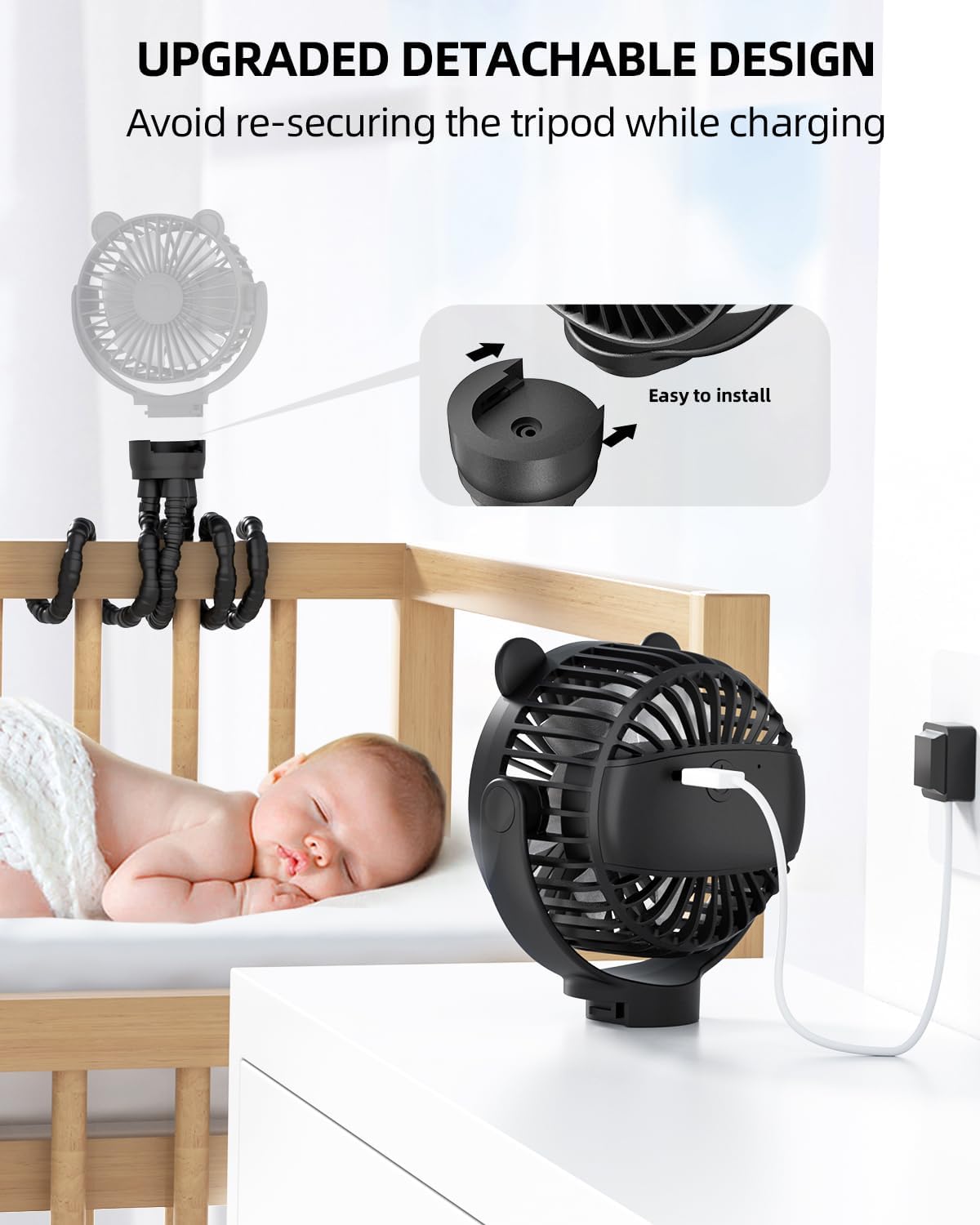 buywoo Portable Stroller Mini Fan, Small Rechargeable Personal Cooler w/ 360° Rotation, Baby Essentials for Car Seat, Crib, Bike, Treadmill, 3-Speed Battery Powered Stroller Accessories, Coal