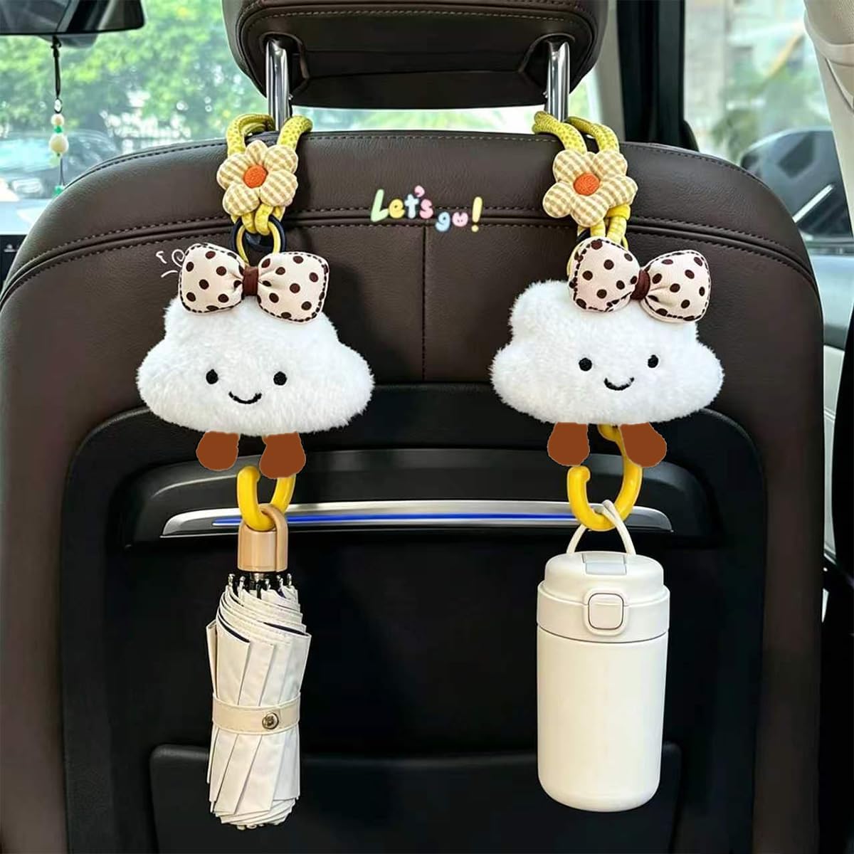 2 Pack Cute Car Headrest Hooks 360° Rotating Adjustable Length, Seat Decorative Hanger for Handbags Shopping Bags(Bow Cloud)
