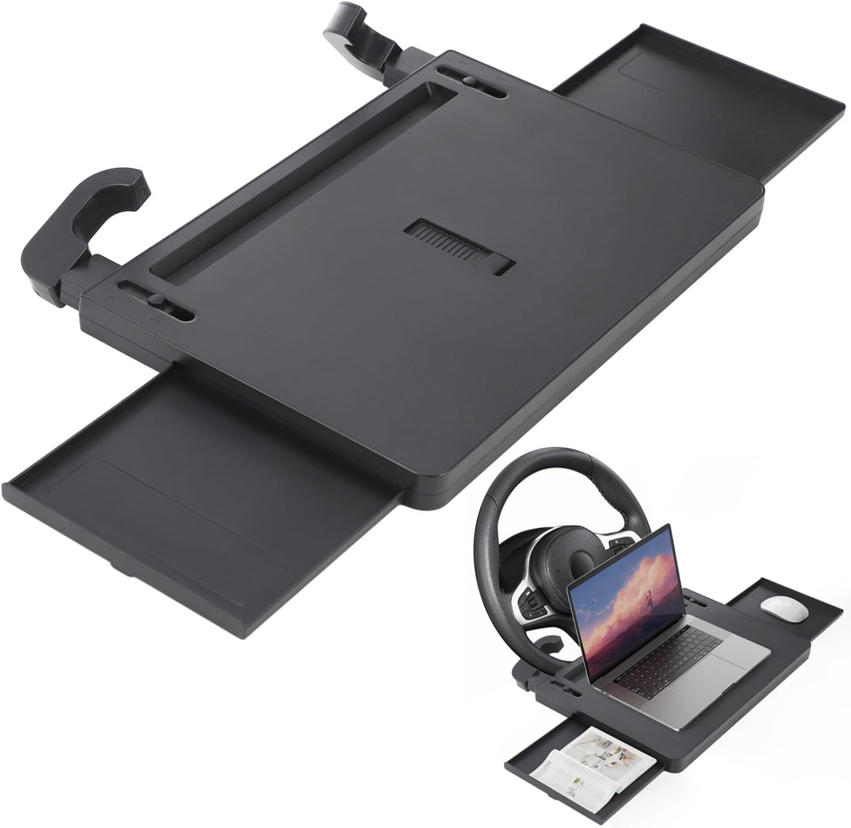 OMISTAR Car Steering Wheel Tray Table with Retractable Panels, Adjustable ABS Plastic Car Desk for Laptop, Eating Food, Writing, Steering Wheel Food Tray, Universal Fit for Most Vehicles