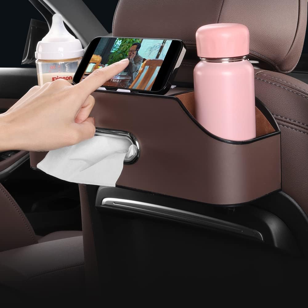 HAOTULE New car headrest Rear seat Multifunctional Storage Box, partition Design, with Cup Holder, Tissue Box, headrest Hook, Suitable for Children and Adults, car Travel Accessories（Coffee Color）