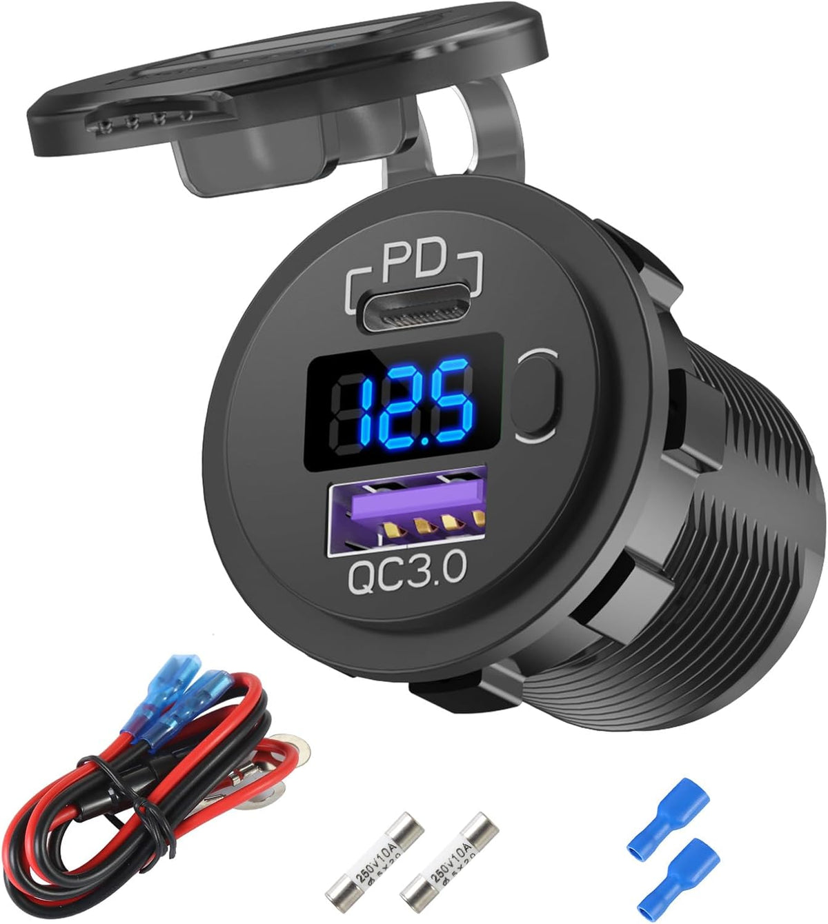12V USB C Aluminum Car Charger Socket, 12 Volt Outlet, PD 20W and Quick Charge 3.0 18W Car USB Port Waterproof with Voltmeter & Power Switch, Suitable for Marine Truck Motorcycle Boat Golf cart RV