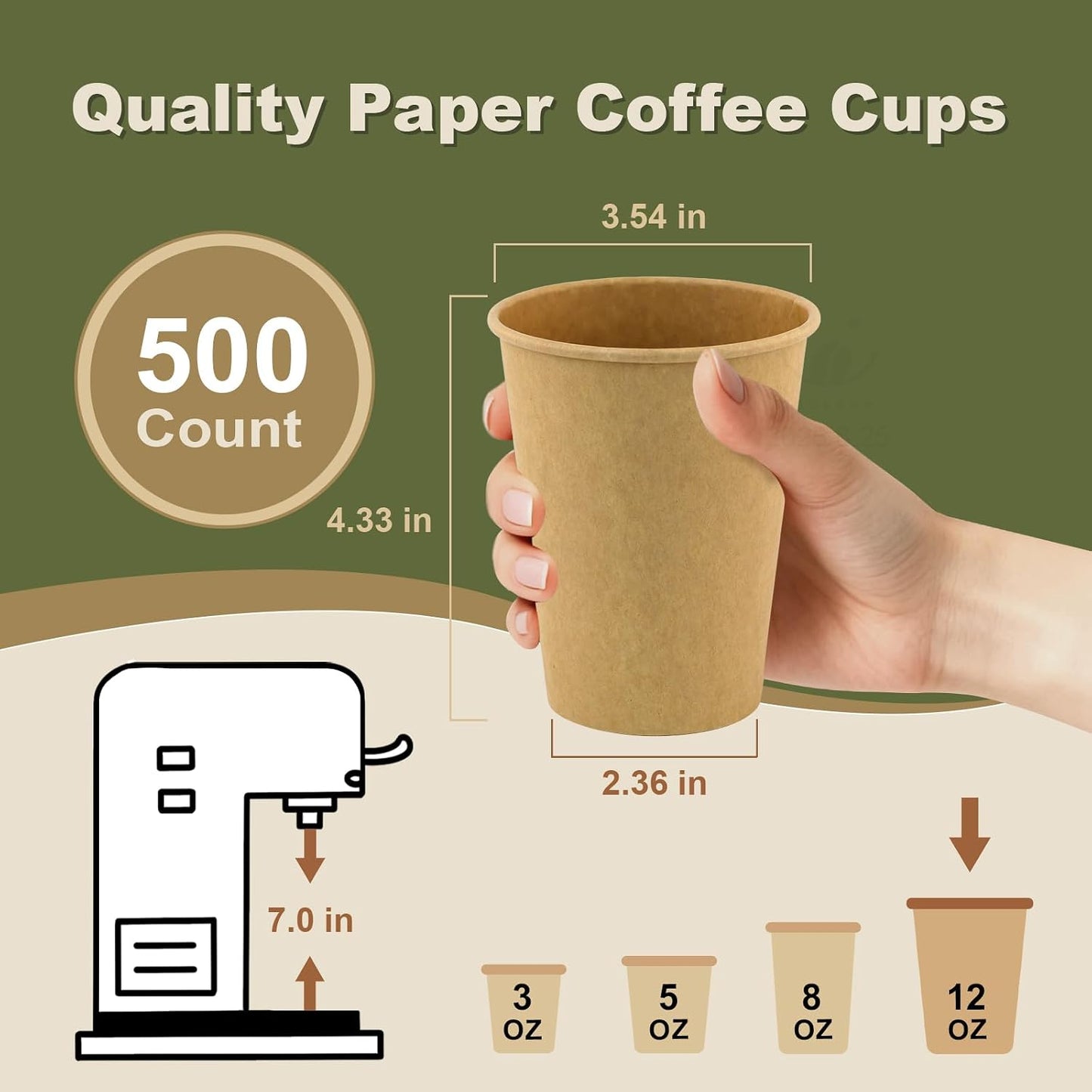 12 oz 500 Pack Disposable Coffee Cups, Bulk Brown Disposable Paper Cups, Coffee Cups for Hot Tea, Chocolate and Cold Drinks