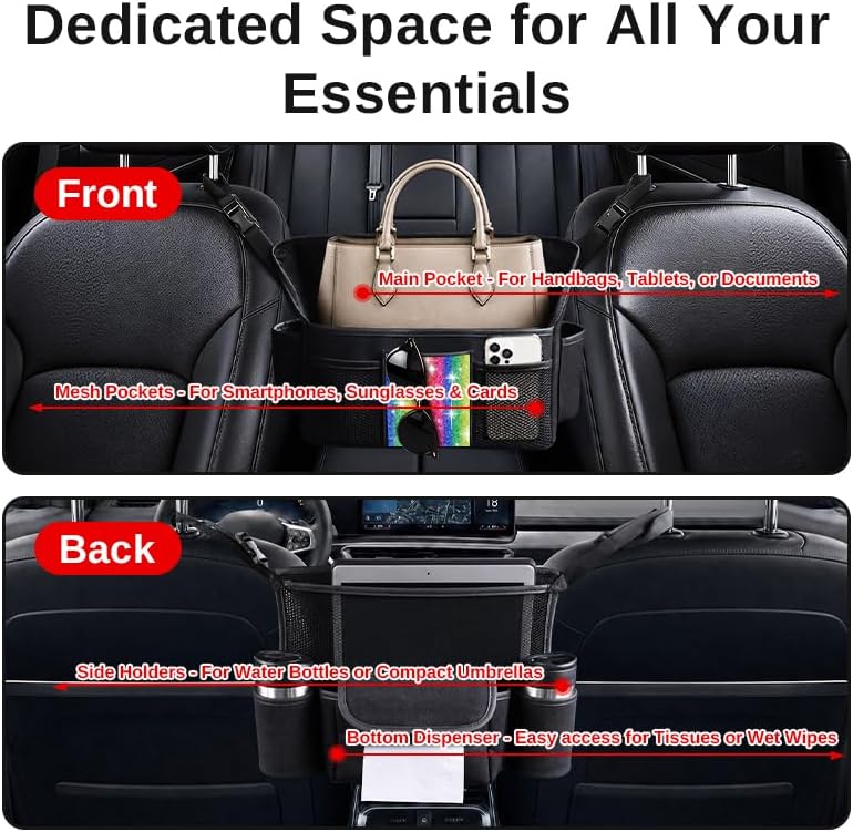 Color Diamond Car Handbag Holder Between Seats Bling Rhinestone Car Storage Bag Large Capacity Purse Phone Automotive Consoles Organizer Safe Barrier of Backseat Pet Kids…