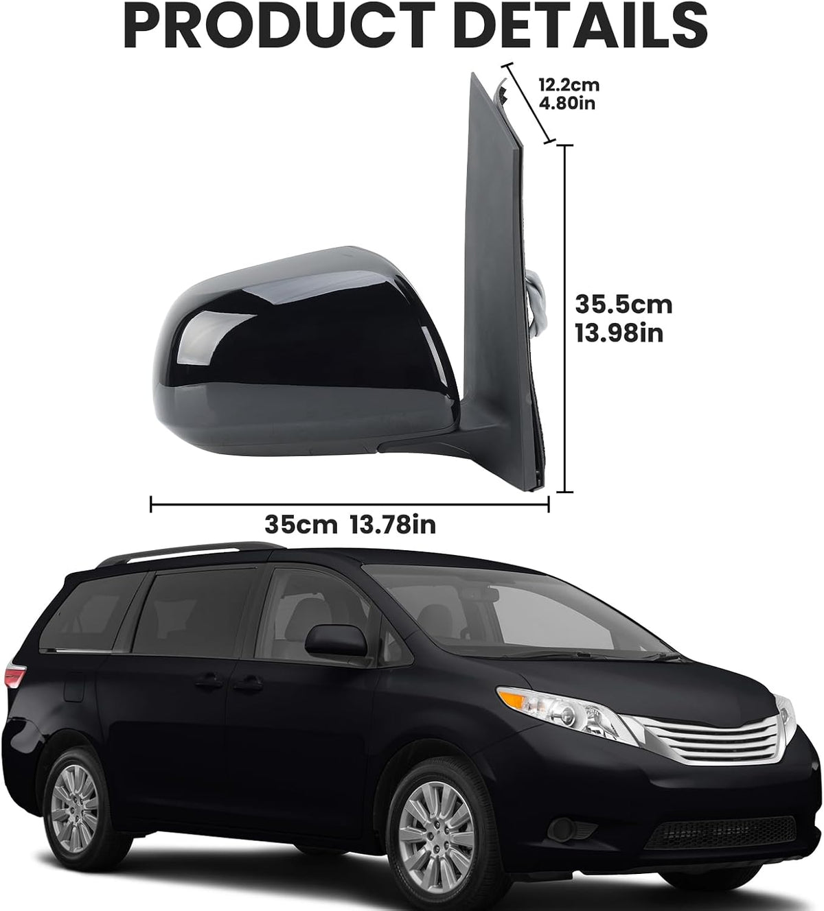 Right Passenger Side Mirror Compatible with Toyota Sienna 2013-2017 Heated, with Blind Spot Detection, Power Glass, Manual Folding, 6H6P, Door Mirrors Black Replace# 87910-08113, TO1321301