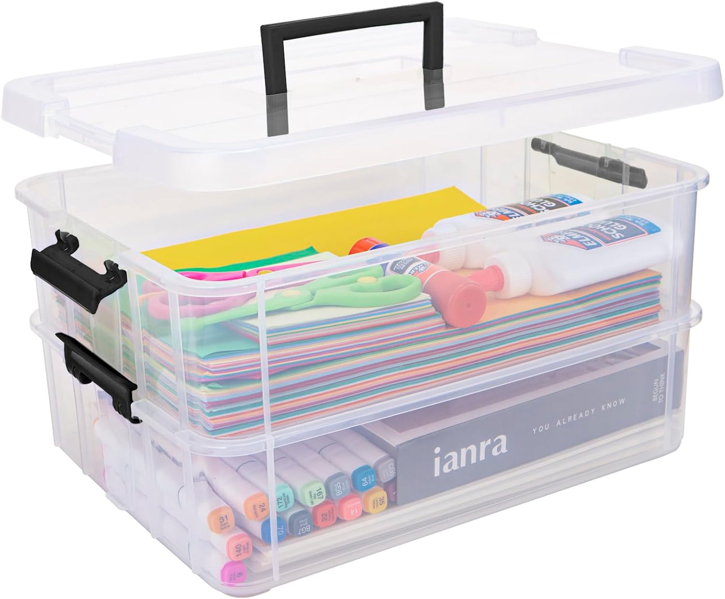 TERGOO 2 Layer Plastic Storage Containers with Lids, Multipurpose Clear Stack & Carry Box, Portable Craft Organizers and Storage Bin for Organizing Art & Craft, Sewing, Makeup, Nail Supplies (Blue)