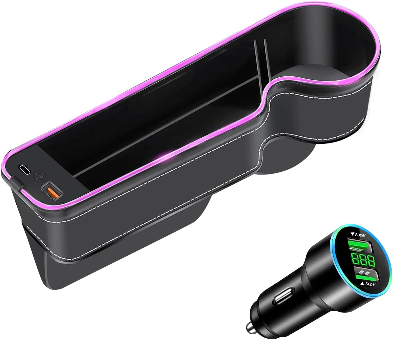 7 Color Led Car Seat Gap Filler Organizer Car Seat Pocket Gap Filler with USB+C Fast Charger,Car Gap Organizer Storage 2023 Console Side Seat Gap Filler fit for Passenger Side(Black-passenger side)