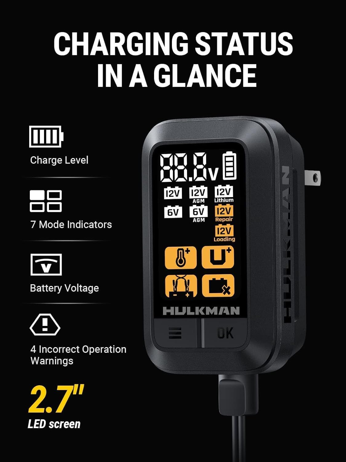 HULKMAN Sigma 1 Car Battery Charger - 1A 6V/12V Automatic Smart Trickle Charger, Battery Maintainer, and Desulfator with Intelligent Interface