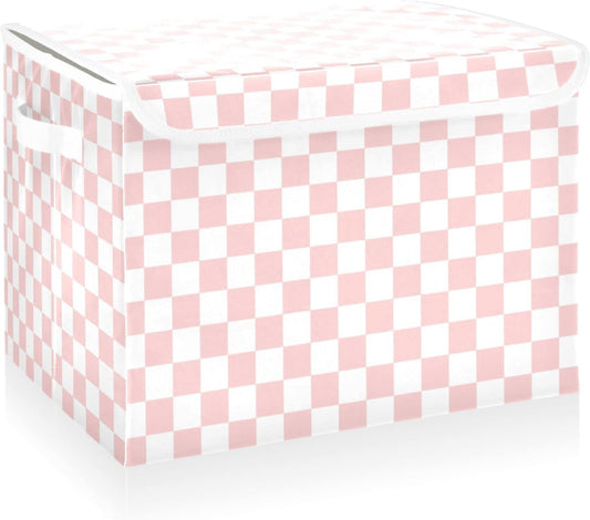 CaTaKu Large Fabric Storage Bins With Lids,Pink Checkered Racing Storage Boxes With Handles for Organizing Clothes, Collapsible Storage Cube Bins Baskets for Shelves