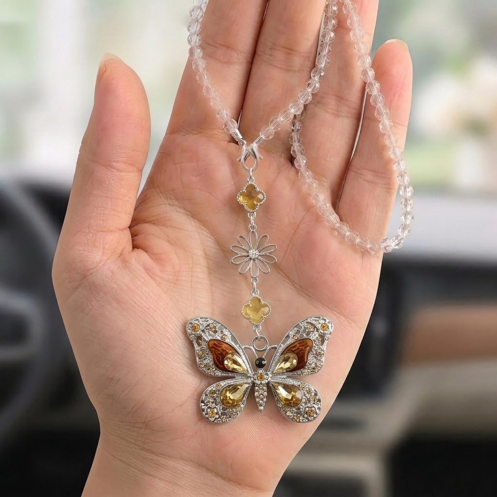 Butterfly Car Accessories Rearview Mirror Hanging Charm, Crystal Suncatcher Car Decor for Women, Aesthetic Hanging Crystals Rainbow Maker Ornament for Automotive Windows Home Room (Brown)
