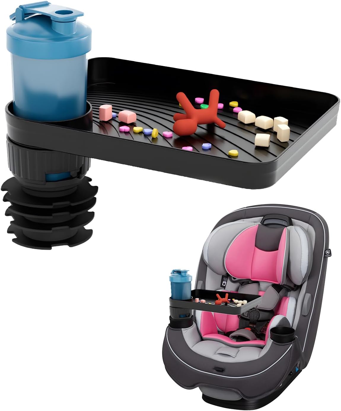 SEVEN SPARTA Car Seat Tray for Kids Toddler Travel with Soft Rubber Base, Rotatable and Removable Cup Holder Snack Tray for Food Color and Play for Family Road Trip Essentials (1, Standard Base)