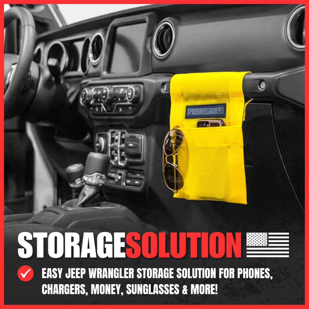 SPIDERWEBSHADE Grab Bag - Front Passenger Seat Grab Bar Multi-Purpose Storage Organizer Bag - For Jeep Wrangler CJ YJ JK JL JKU JLU Gladiator - MADE IN AMERICA - Travel Essentials Holder - (Yellow)