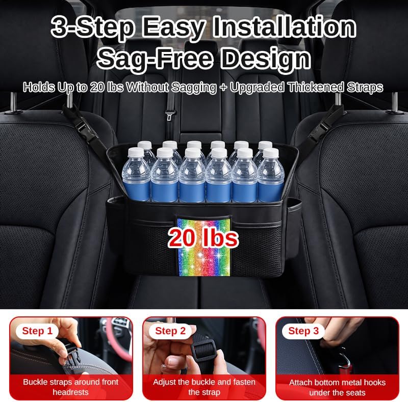 Color Diamond Car Handbag Holder Between Seats Bling Rhinestone Car Storage Bag Large Capacity Purse Phone Automotive Consoles Organizer Safe Barrier of Backseat Pet Kids…