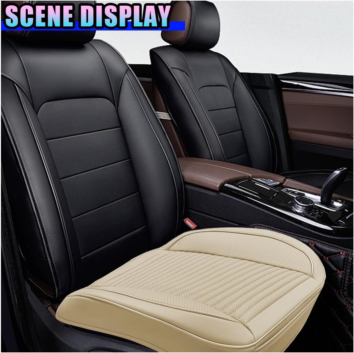 KPFILEH Car Front Bottom Seat Cover, Leather Anti-Slip Seat Cushion Pad with Storage Pocket, Breathable Full Wrapping Edge Seat Protector, Universal Auto Interior Accessories for Cars SUV Truck(Beige)