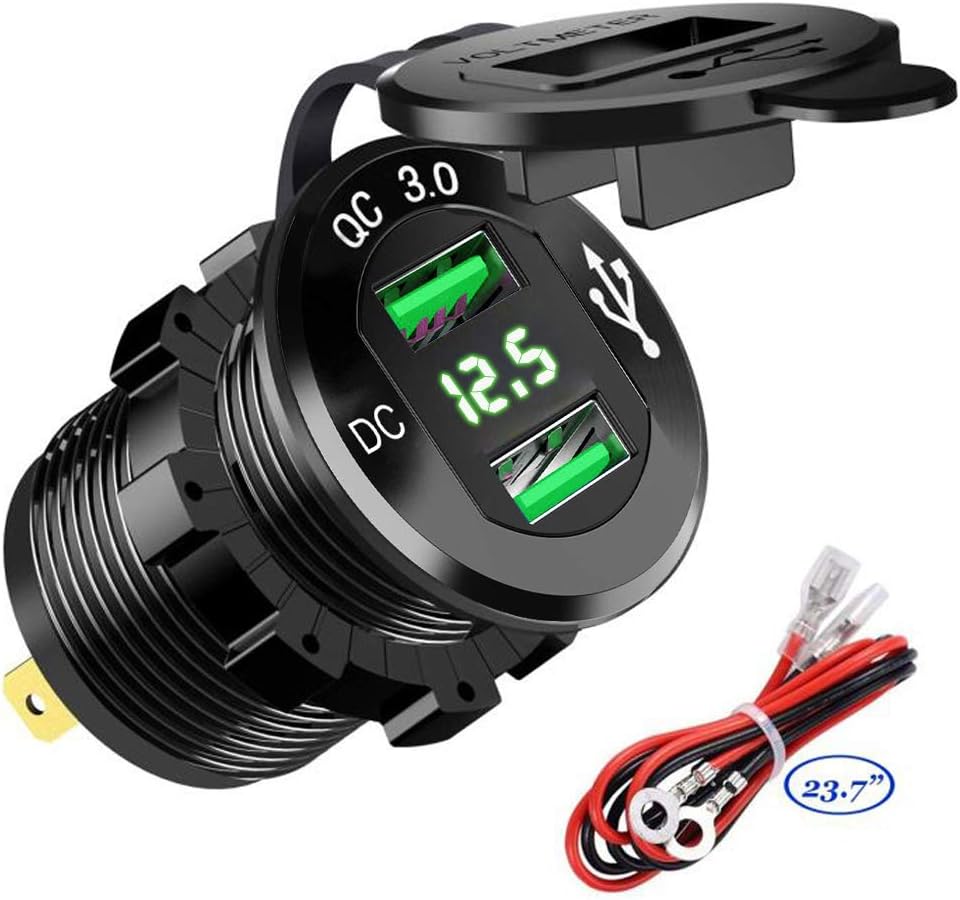 Quick Charge 3.0 Dual USB Car Charger Socket 12V/24V 36W QC3.0 Dual USB Fast Charger Aluminum Socket Power Outlet with LED Voltmeter for Marine, Boat, Motorcycle (Green)