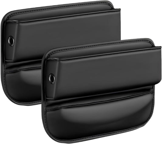 2 PCS Car Seat Gap Filler Organizer, Leather Front Seat Side Console Gap Filler, Anti-Slip Strap Center Console Organizer with Card Slots, Universal for Car, SUV, Truck (Black)