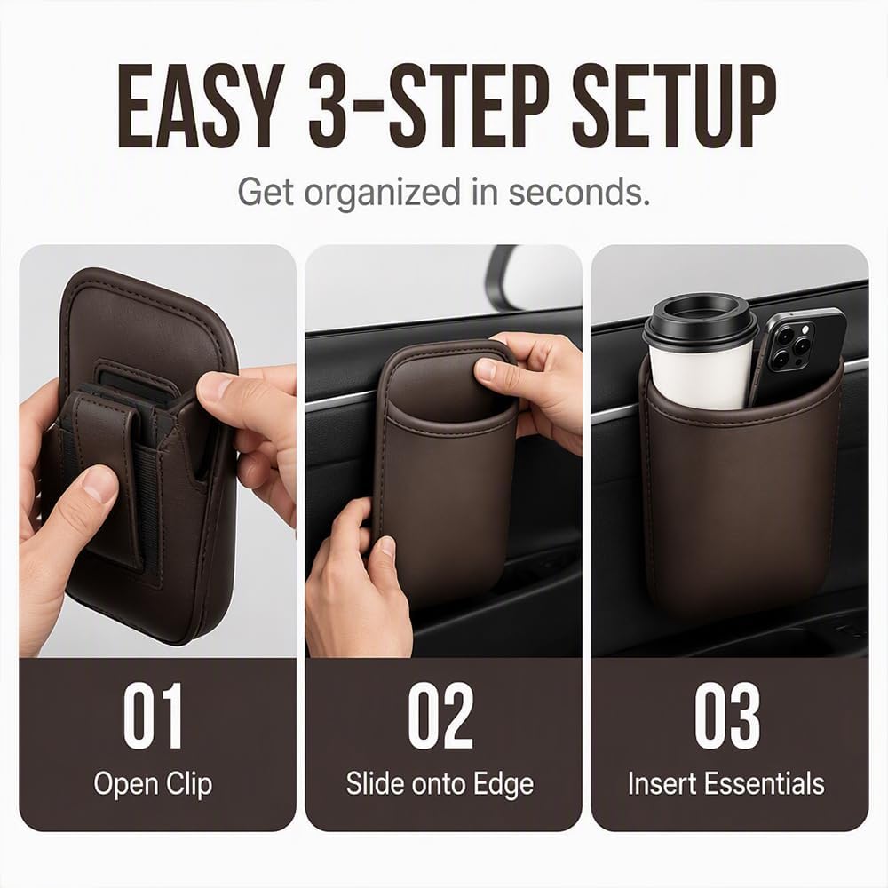 Leather Car Door Cup Holder Clip On Storage Organizer for Car, Orange,Small