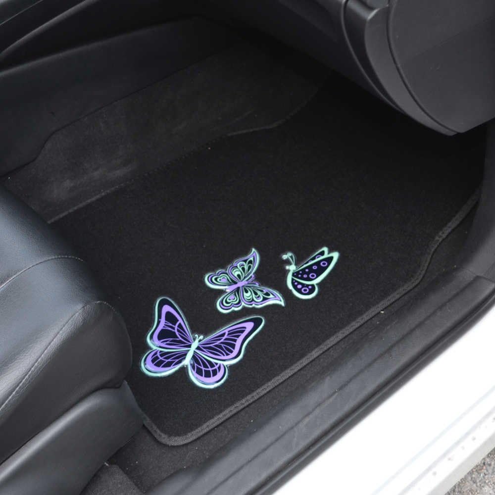 BDK Embossed Neon Purple & Green Butterflies Design Carpet Car Floor Mats for Auto Van Truck SUV-4 Pieces Front & Rear Full Set with Rubber Backing-Universal Fit