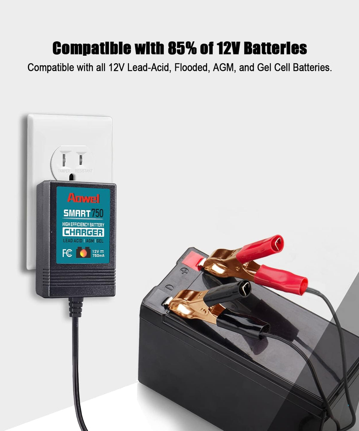 Aowel 12V 750mA Trickle Charger, Smart Battery Charger & Maintainer for Motorcycle, ATVs and More