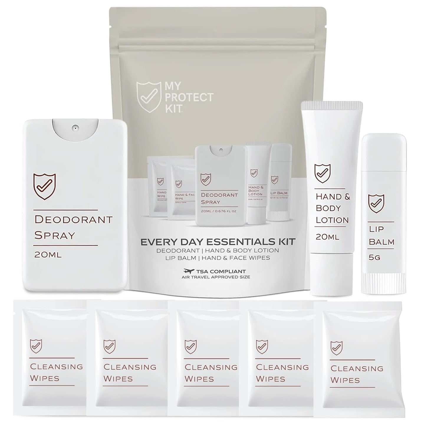 MY PROTECT KIT Everyday Essentials Travel Kit – 8 Pieces Hygiene & Toiletry Set with Deodorant Spray, Lotion, Lip Balm & Cleansing Wipes, Self Care Kit for Purse, Gym, Hotels & Airbnb, Pack of 1