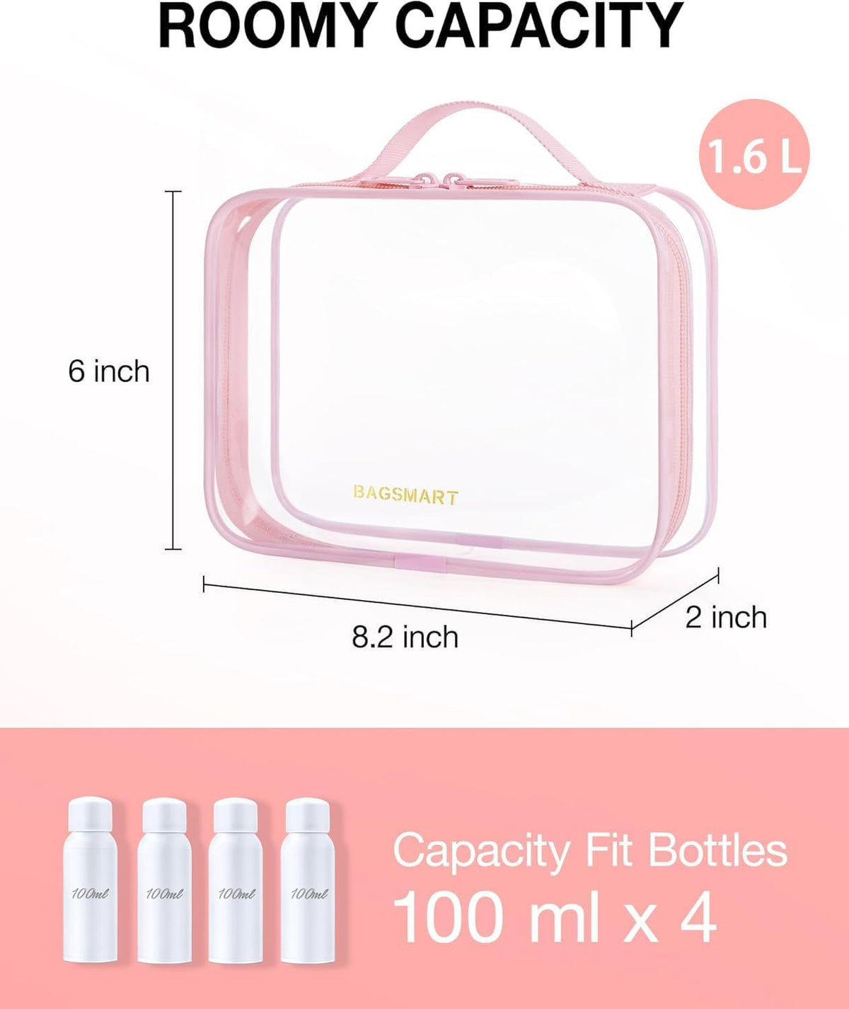 BAGSMART Clear Toiletry Bag with Handle 3-Pack TSA Approved, Pink