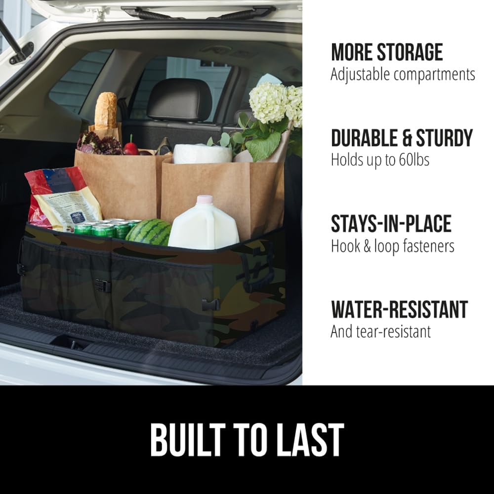 GORILLA GRIP Trunk Organizer for SUV and Cars, Large Capacity Collapsible Car Trunk Storage Organizer, Heavy Duty Car Accessories, Gifts for Mom and Dad, Slip & Water Resistant Multi Compartment, Camo