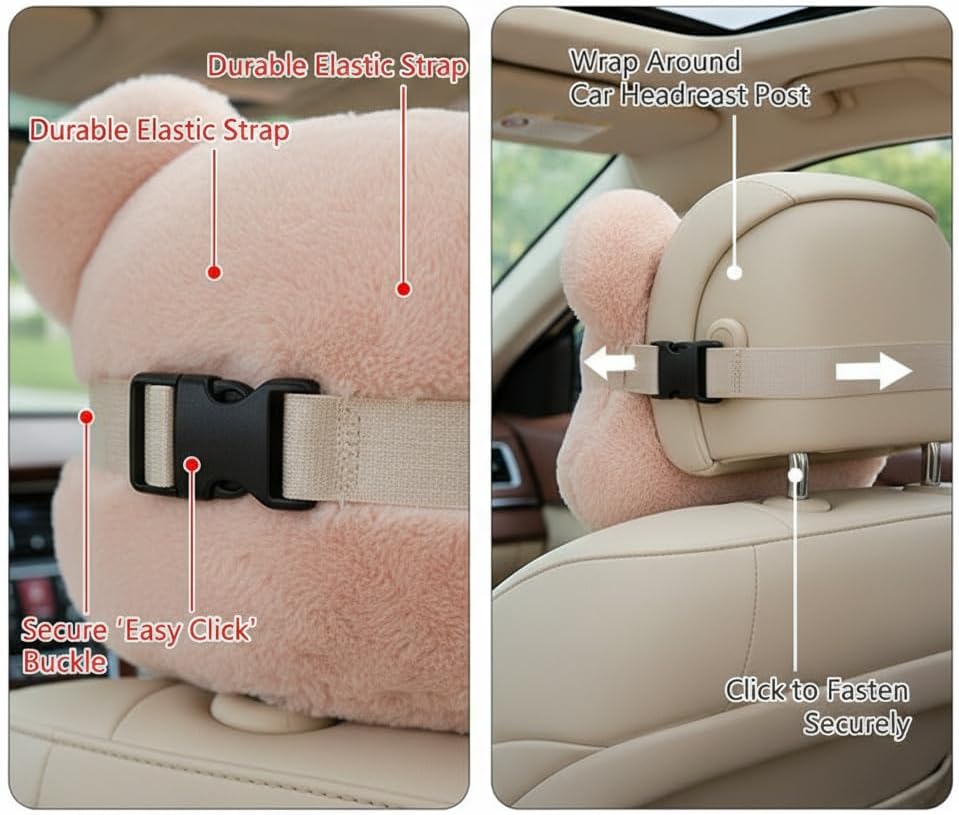Cute Plush Bear Car Headrest & Lumbar Support Set, Soft Neck & Back Support Pillow for Comfortable Driving All Season(Set of 2)