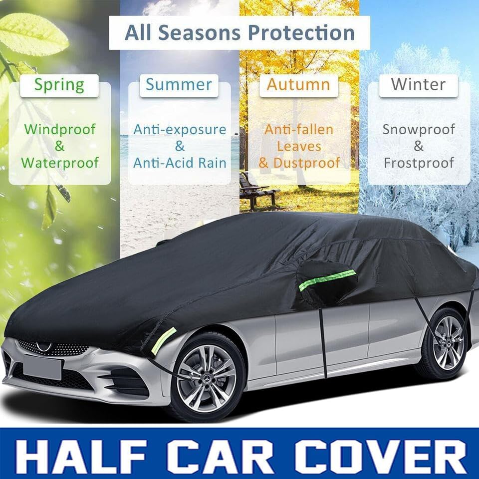 Universal Half Car Cover Waterproof All Weather, Black Car Covers for Automobiles Outdoor Indoor for All Season Waterproof Dustproof Uv Resistant Snowproof Fit for Sedan